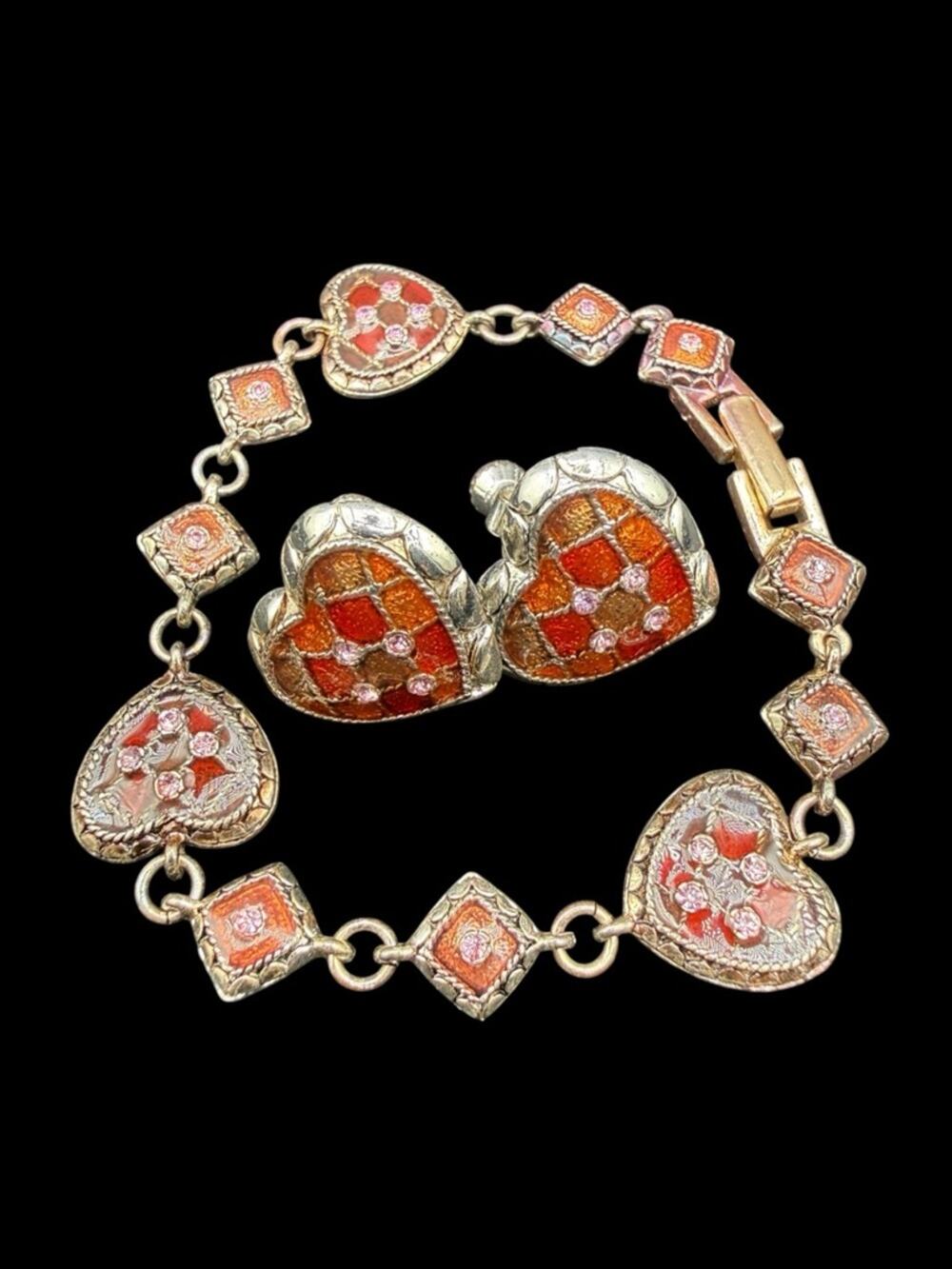 Red & Orange Enamel Heart Link Bracelet & Earring Set with Rhinestones